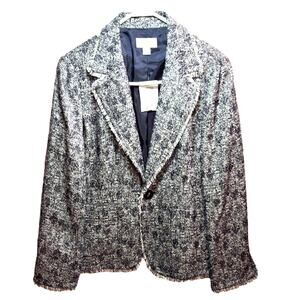 Vintage Talbots 14P Blue Tweed Blazer Fringe Hem Preppy Office Chic Lined Button